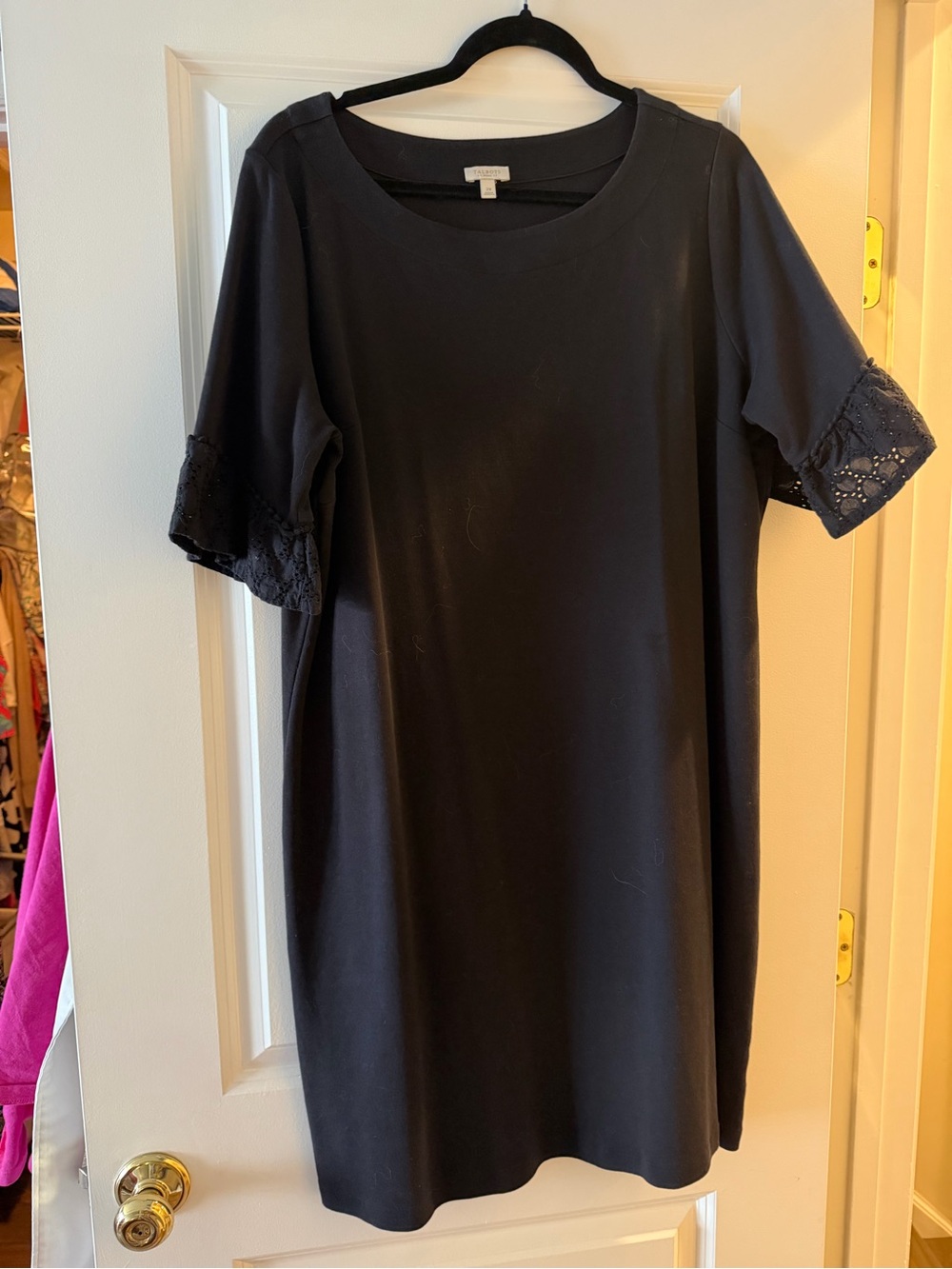 Talbots Black Midi Shift Dress with Lace Sleeve Detail